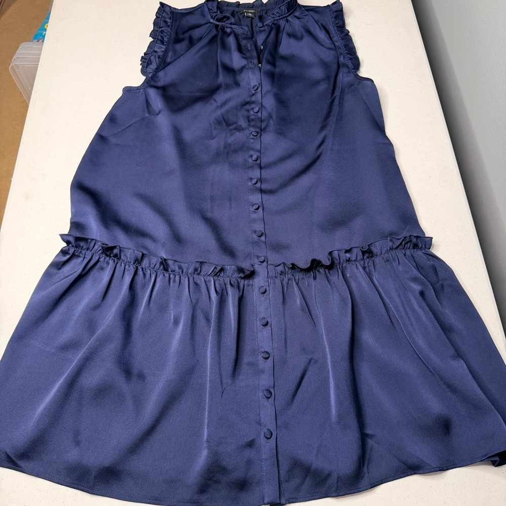 Halogen Ruffle Trim Button Down Satin Dress Classic Navy Blue Size Medium - Picture 10 of 13